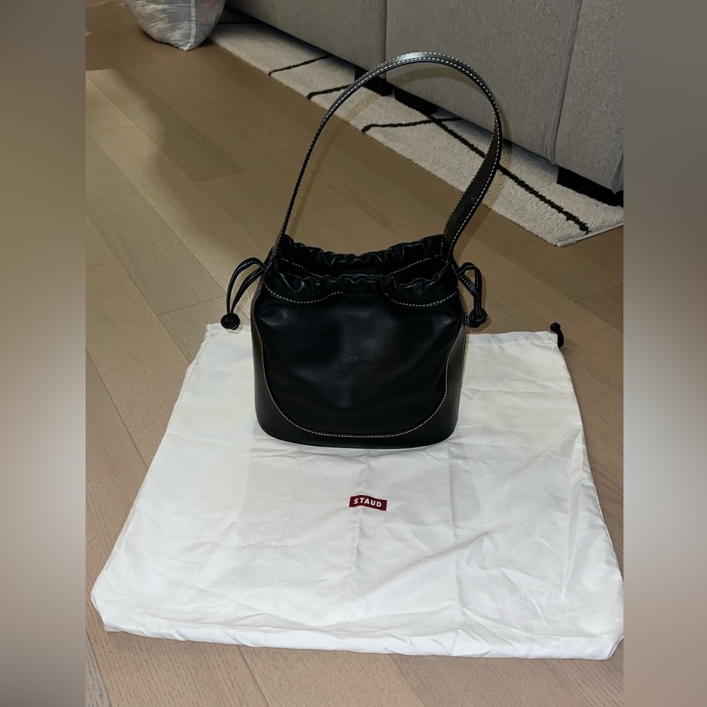 STAUD Black Leather Drawstring Shoulder Bag